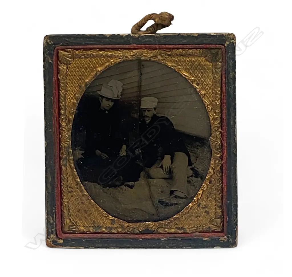 Gilt matted ambrotype - reclining man and woman, Image 1++